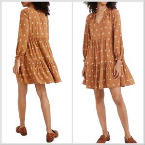 Fall Madewell Tie-Neck Tiered Mini Babydoll Dress in Bloom Dot Brown Women’s M